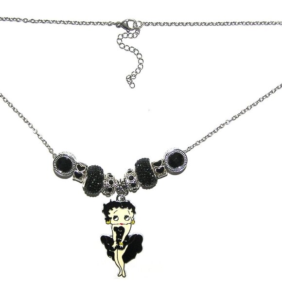 Betty Boop Black Sparkle Necklace With European Beads & Charms, NEW - Picture 3 of 5